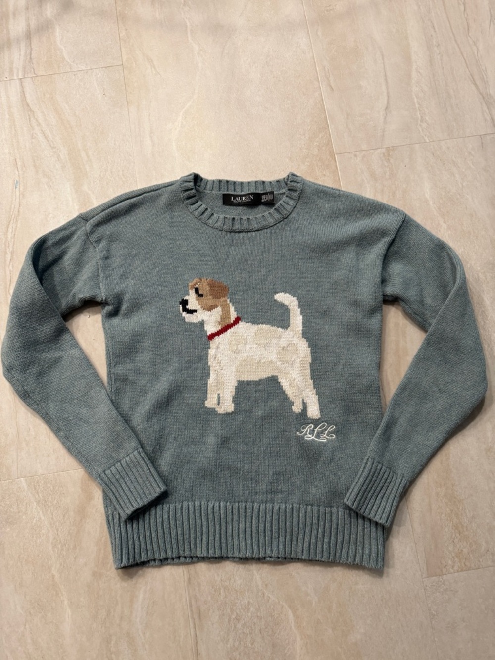 Lauren Ralph Lauren Blue Dog Intarsia knit Sweater top XXS chambray blue
